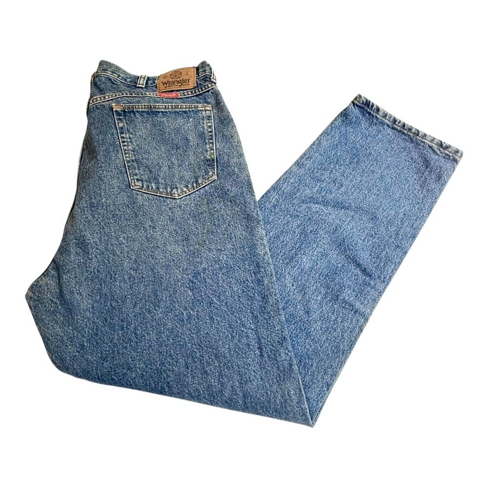 VTG Wrangler DENIM BLUE JEANS 5 Pocket Men's 42x32 Cotton Relaxed Fit Premium